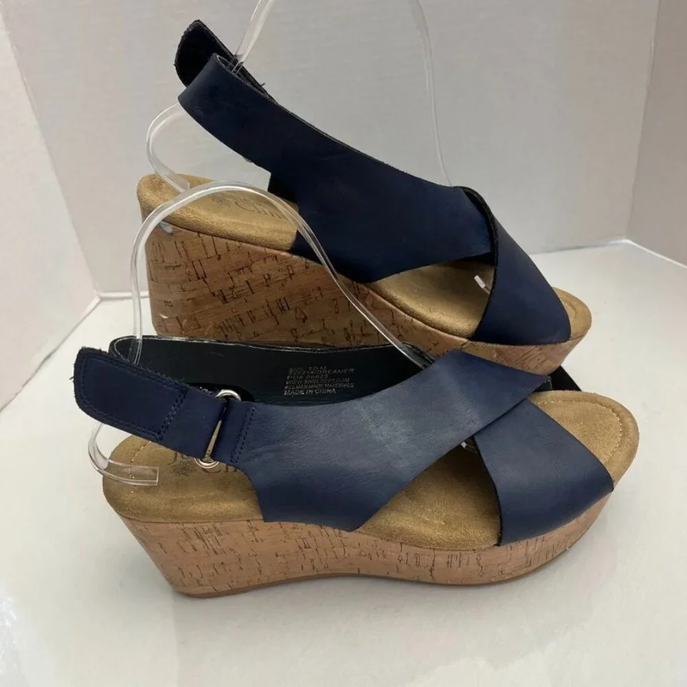 Jessica Cline Dreamer Wedge Slingback Sandals Navy Cork Print 10M